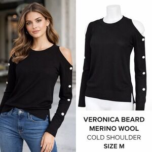 Veronica Beard Top M Black 100% Merino Wool Cold Shoulder Sweater‎ Button Sleeve